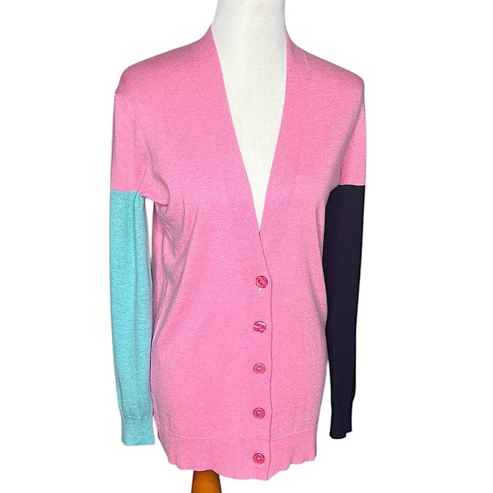 Pink Martini Cardigan Sweater Cashmere Blend Pink Color Block Long Button Soft